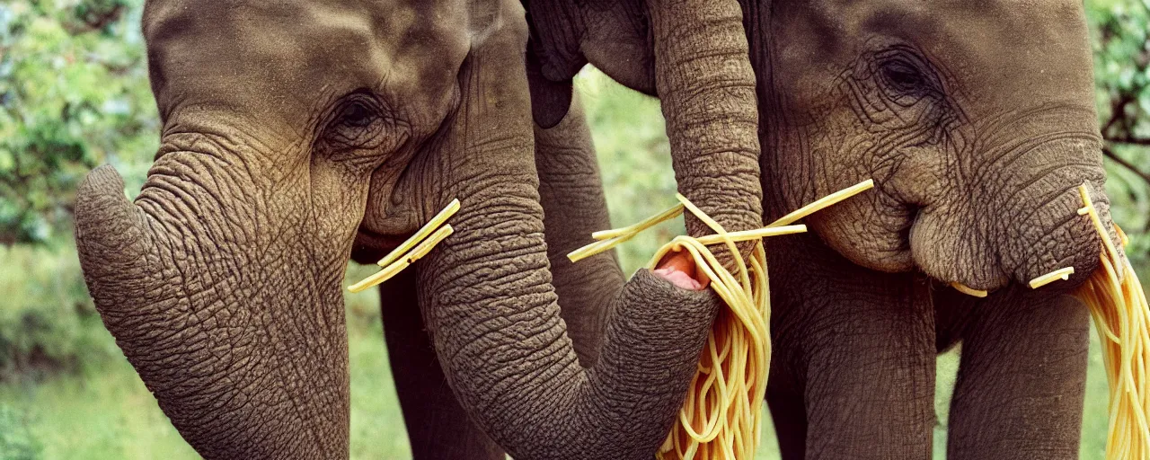 Prompt: an elephant eating spaghetti off a tree, in the style of national geographic, canon 5 0 mm, kodachrome, retro, muted