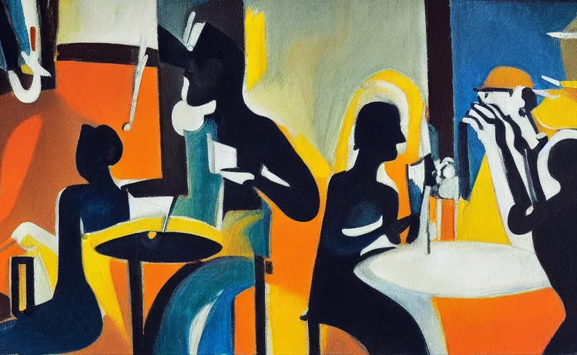 Prompt: oil painting of figures in jazz club in the style of john craxton. sailors in the shadows. cretan. arms. talking. cheekbones. strong expressions on faces. smoke. holding cigarettes. playing cards. scratch. strong lighting. brush. single flower. in the style of ivon hitchins. seated figure hands on table. line drawing. high detail.