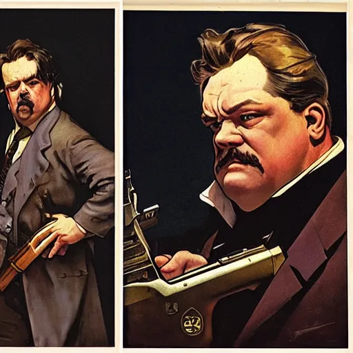 Image similar to gk chesterton as a hero with muscles and a shotgun. portrait by james gurney and craig mullins and alphonso mucha. realistic face. expressive face.