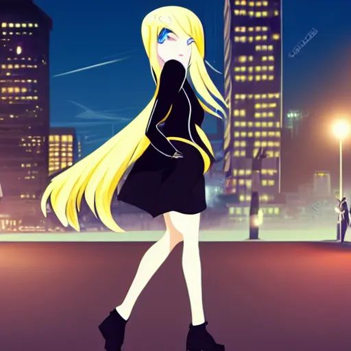 Image similar to a blonde woman with a ponytail wearing black clothes wanders through a city at night, anime