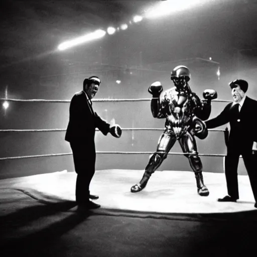 Image similar to ronald reagan and karl marx wearing giant metal shiny exoskeleton suits fighting to the death in the center of a futuristic boxing ring, distant cheering crowd, dramatic lighting, dramatic stadium lighting