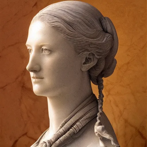 Image similar to beautiful lifelike award winning marble statue bust of dronning magrethe trending on art station artgerm greg rutkowski alphonse mucha museum quality cinematic atmospheric