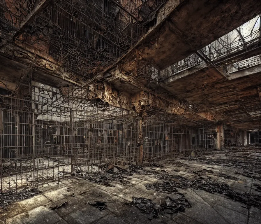 Image similar to An underground very dark dingy multi-layered structure of rusted iron bars, chain-link fencing and peeling walls with many floors. Inside view, collapsed floors, bent rusted iron, masterpiece, corners, cinematic, hyperdetailed, photorealistic, hyperrealism, octane rendering, 8k, depth of field, bokeh, architecture, shadows, art by Zdzisław Beksiński, Arthur Rackham, Dariusz Zawadzki