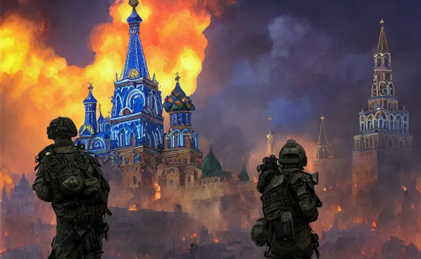 Image similar to special forces soldier with ukrainian blue and yellow shoulder patch watches red square kremlin burn in the background, d & d, fantasy, bright atmosphere, volumetric lights, intricate, elegant, extremely detailed, digital painting, artstation, concept art, matte, smooth, sharp focus, hyper realistic, illustration, art by artgerm and greg rutkowski and alphonse mucha