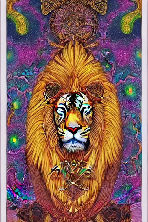 Image similar to beautiful and colorful fractal tarot card featuring an ornate, realistic, and regal viking lion by Dan Mumford, by Jim Fitzpatrick, by joe wilson, featured on deviant art, trending on artstation