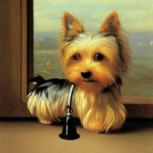 Image similar to Yorkie dog, extremely detailed masterpiece, illustration, by Michael Sowa,