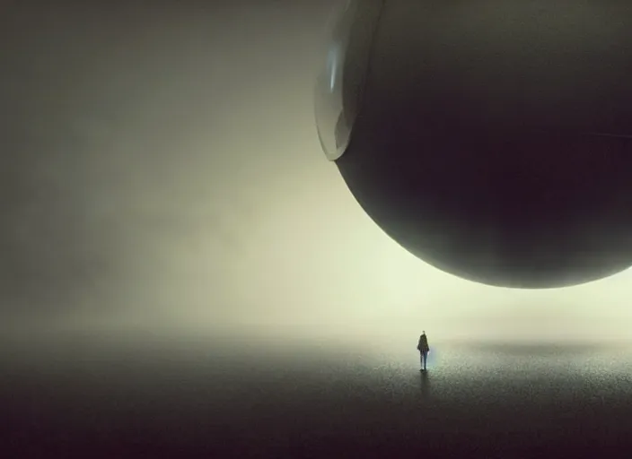 Image similar to a lot of people are watching an alien ship in the form of a sphere flying over them, fog, rain, volumetric lighting, beautiful, mystique, golden hour, sharp focus, ultra detailed, concept art, gilles beloeil, andy park, jan urschel, dylan cole, noir art house, 4 k, 3 5 mm, fujifilm