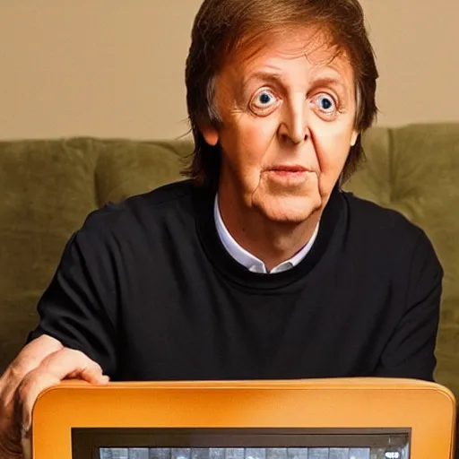 Image similar to a photo from behind paul mccartney playing minecraft