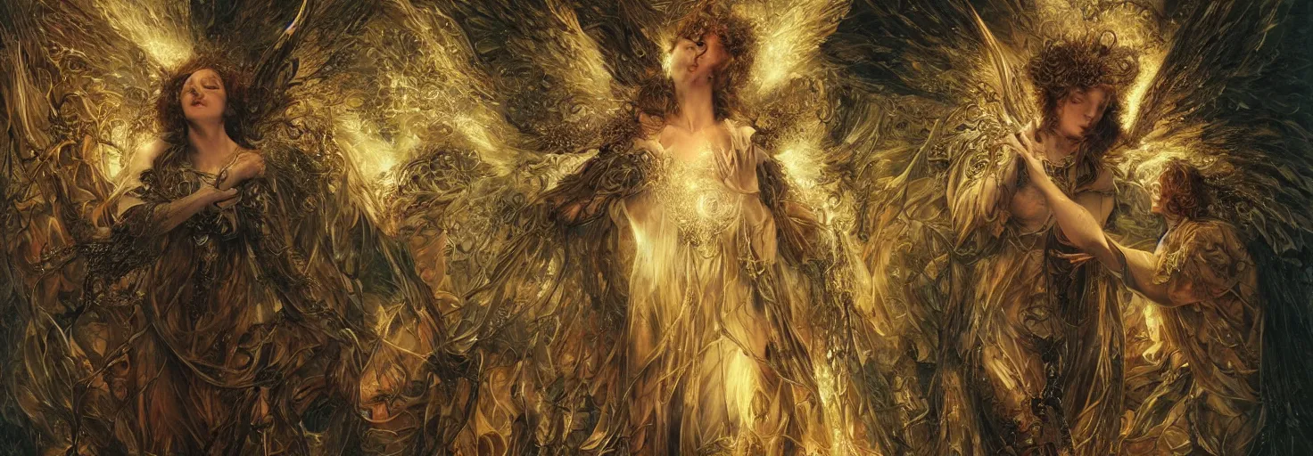 Image similar to thousands of angels on their knees worshiping a light, shining lights, god rays by by Karol Bak, Ayami Kojima, Amano and Olivier Ledroit