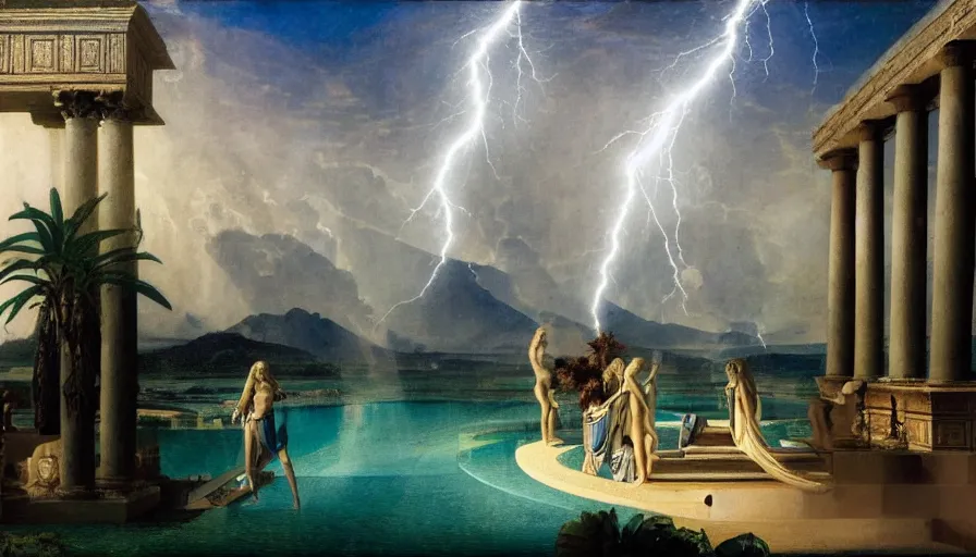 Prompt: From Inside the giant Palace, mediterranean balustrade and columns line, refracted sparkles, thunderstorm, greek pool, beach and Tropical vegetation on the background major arcana sky and occult symbols, by paul delaroche, hyperrealistic 4k uhd, award-winning, very detailed paradise