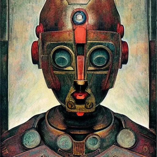 Image similar to the robot in her mechanical mask, by Annie Swynnerton and Diego Rivera, symbolist, dramatic lighting, elaborate geometric ornament, Art Brut ,god rays, soft cool colors,smooth, sharp focus, extremely detailed, Adolf Wölfli