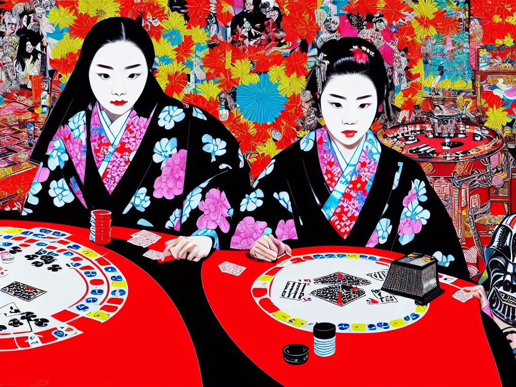 Image similar to hyperrealistic composition of the detailed woman in a japanese kimono sitting at a extremely detailed poker table with detailed darth vader, fireworks, mount fuji on the background, pop - art style, jacky tsai style, andy warhol style, acrylic on canvas