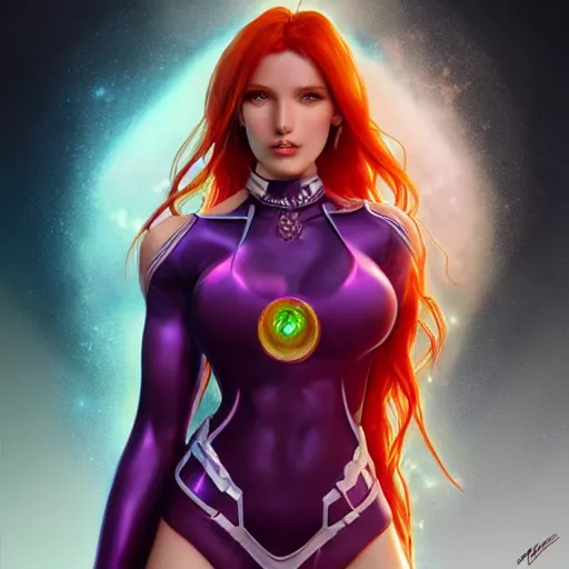 Image similar to ultra realistic illustration, bella thorne as starfire anime, intricate, elegant, highly detailed, digital painting, artstation, concept art, smooth, sharp focus, illustration, art by artgerm and greg rutkowski and alphonse mucha and wlop