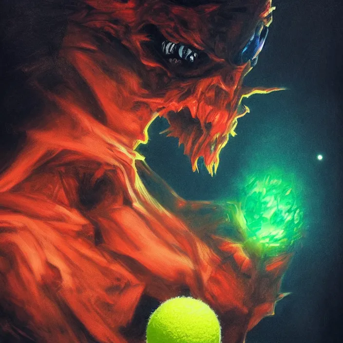 Prompt: cinematic portrait of a tennis ball monster in the abyss of space, chalk, masterpiece, trending on artstation, featured on pixiv, cinematic composition, dramatic pose, beautiful lighting, sharp details, hyper-detailed, HD, HDR, 4K, 8K, art by Basil Gogos