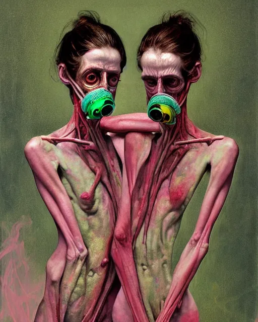 Prompt: Two skinny deformed doctors wearing gas masks, draped in silky gold, green and pink, inside a decayed hospital room, the world is on fire, loss and despair, extreme sadness, gentle, in the style of Francis Bacon, Esao Andrews, Zdzisław Beksiński, Edward Hopper, surrealism, art by Takato Yamamoto and James Jean