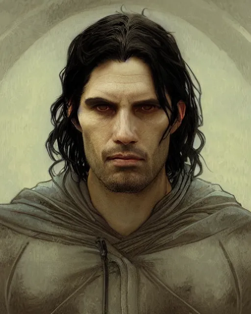 Image similar to portrait of tall, 3 3 - year - old handsome man with long dirty black hair, and grey eyes, wearing black clothes, clear face, hyper realistic face, beautiful eyes, close up, fantasy art, in the style of greg rutkowski, intricate, alphonse mucha, hyper detailed, smooth