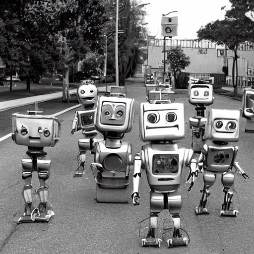 Image similar to in the style of 1960s, A scary robot is chasing after a bunch of scared kids down the street, fully detailed , fully detailed kids faces in focus