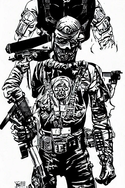 Image similar to a paranormal soldier, ouija tattoo on face, emp weapons strapped in shoulders, horror sci - fi black and white, art by kevin eastman