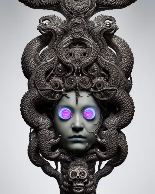 Image similar to 3 d ornate carved medusa with profile portrait, sigma 5 0 0 mm f / 5. beautiful intricate highly detailed quetzalcoatl skull. bioluminescent, plasma, lava, ice, water, wind, creature, thunderstorm! artwork by tooth wu and wlop and beeple and greg rutkowski, 8 k trending on artstation