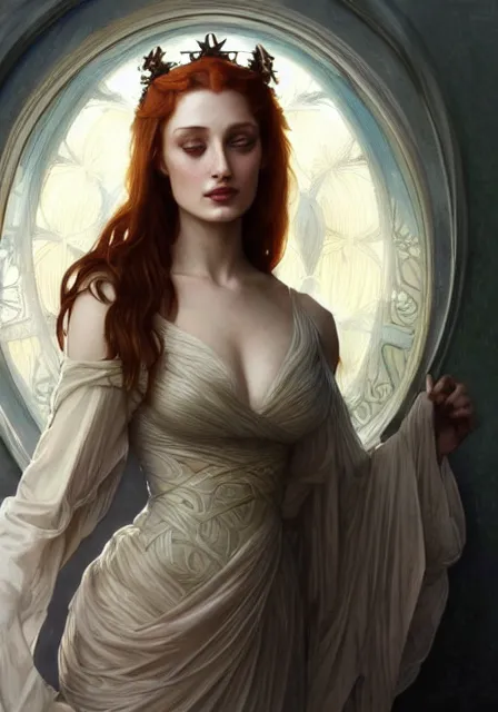 Image similar to sansa angeline jolie gessica chastain, intricate, elegant, highly detailed, digital painting, artstation, concept art, smooth, sharp focus, illustration, art by artgerm and greg rutkowski and alphonse mucha and william - adolphe bouguereau