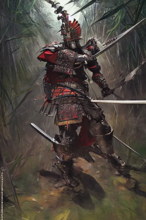 Image similar to an epic samurai in full armor in a mysterious japanese bamboo forest with light shafts, by jesper ejsing and maciej kuciara