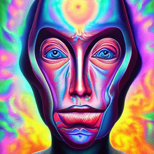 Prompt: oil painting of 👽 textured hyperrealistic fantasy psychedelic face melting geometric