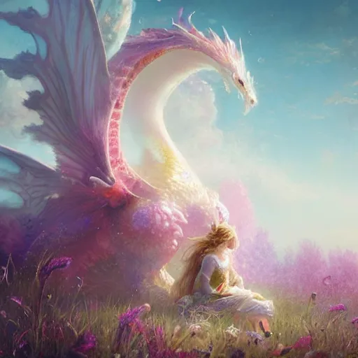Prompt: beautiful digital fantasy illustration of a closeup adorable giant fluffy feathered sparkling pearlescent pastel dragon! sitting alone in a flower meadow, concept art by greg rutkowski, anato finnstark, and rebecca guay, highly detailed, soft lighting, rendered in octane