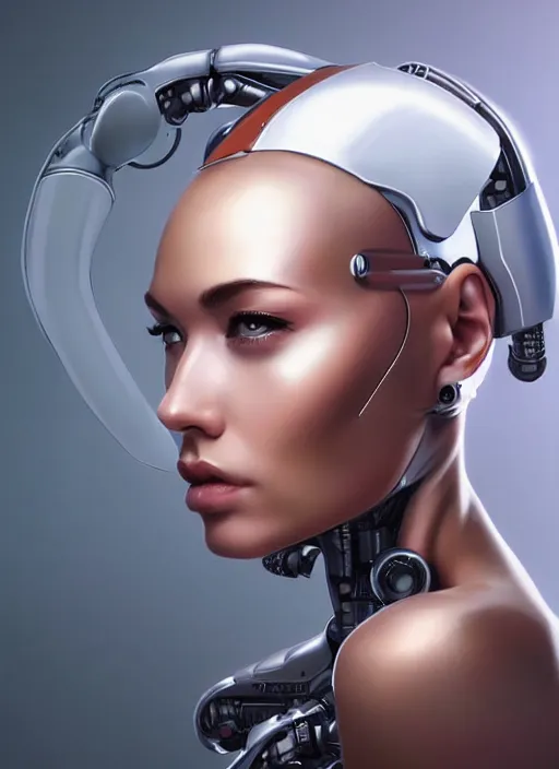 Image similar to portrait of a cyborg woman by Artgerm, (((((face turns left))))) ((((((((((face turns right)))))))))), eyes closed , biomechanical, hyper detailled, trending on artstation