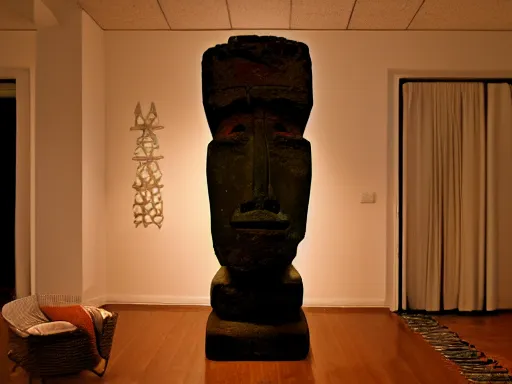 Image similar to a moai in a dark living room at night