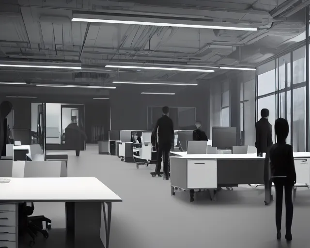 Image similar to a modern office with all the lights off, dark office. all the workers are standing up, staring blankly. a tall shadowy shape moves in the background. HD digital matte painting.