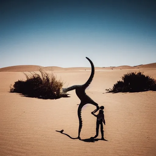 Image similar to 🐋 🦑🤖🦖🐙 👽 🐳 in desert, photography