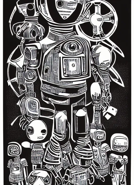 Image similar to !dream warrior robots by Julie de Graag, linocut print