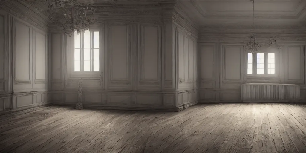 Prompt: empty room high ceiling, victorian, soft light, ominous, photorealistic, detailed, 8k