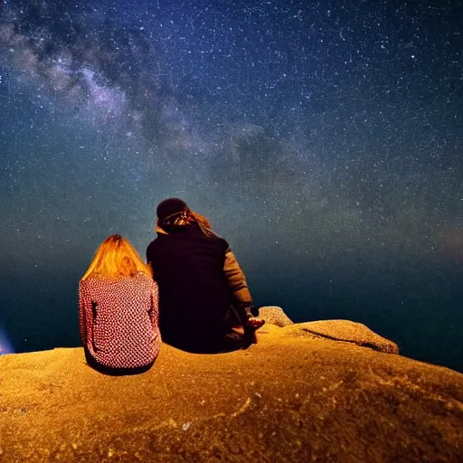 Prompt: is sitting on a cliff watching the planets orbit our skies