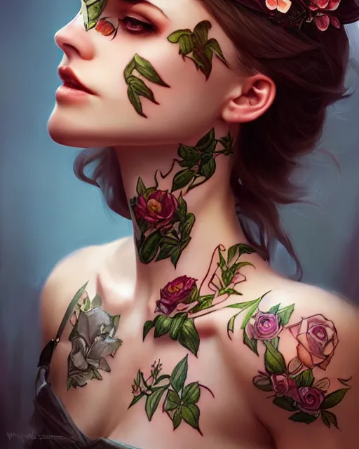 Prompt: Beautiful mafia princess with flower tattoos, dark fantasy digital art by WLOP and Artgerm, artstation, warm glow, highly detailed, art nouveau