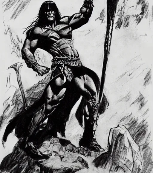 Prompt: Conan the barbarian drawing by frank frazetta