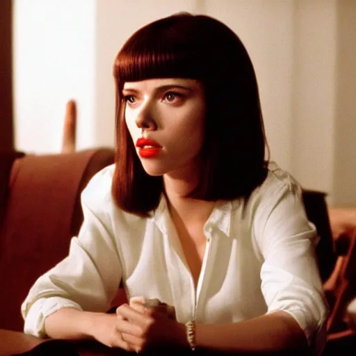 Image similar to Live Action Still of Scarlett Johansson in Pulp Fiction, real life, hyperrealistic, ultra realistic, realistic, highly detailed, epic, HD quality, 8k resolution, body and headshot, film still