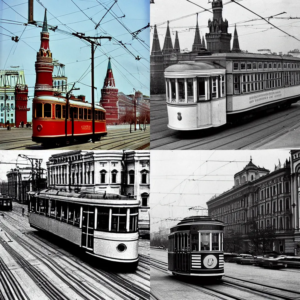 Prompt: streetcar running through moscow during the soviet era