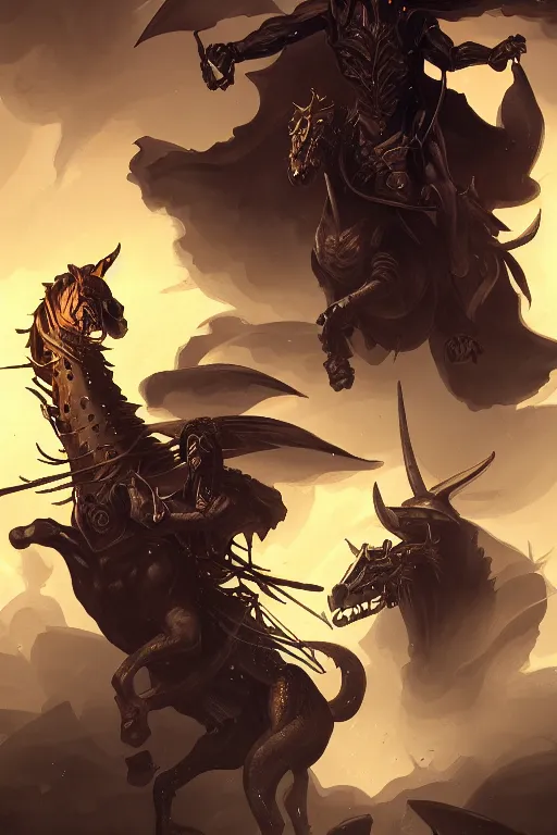 Image similar to a painting of the four horseman of the apocalypse, grim - lighting, high - contrast, intricate, elegant, highly detailed, digital painting, artstation, concept art, smooth, sharp focus, illustration