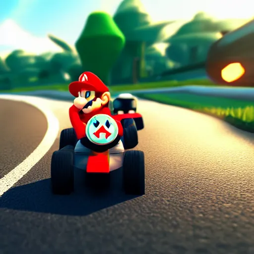 Image similar to cat driving mario kart on realistic road, motion blur, clear sky, golden hour, unobstructed road, artstation