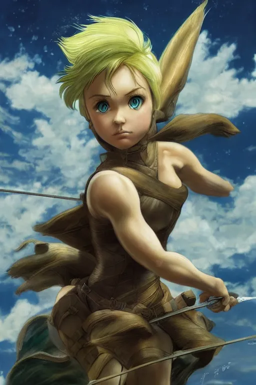 Prompt: Tinker Bell as a Titan from Attack on Titan, oil on canvas, Frank Frazetta intricate, portrait, 8k highly professionally detailed, HDR, CGsociety