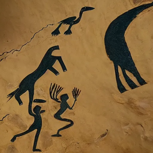 Prompt: a photo of neolithic cave painting of patapons fighting a giant bird, 4 k, history channel, patapon game, high quality