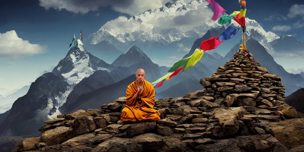 Image similar to oil matte portrait of tibetan monk sitting at a mountain peak praying, with tibetan prayer flags going up the summit, cinematic lighting, deep focus, sharp focus, golden ratio, dramatic illumination, hdr, ultra realistic, 8 k, highly detailed, trending on artstation, epic composition, by caravaggio, by artemisia lomi gentileschi