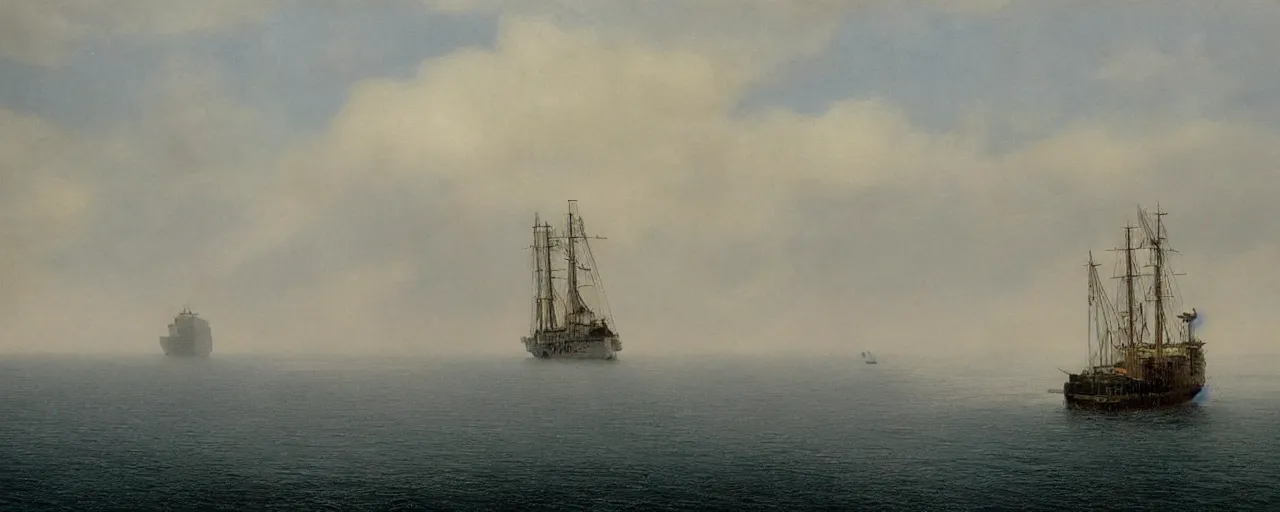 Image similar to cruise ship colossus near misty black cliffs over steamy water by Fernand Khnopff, matte painting