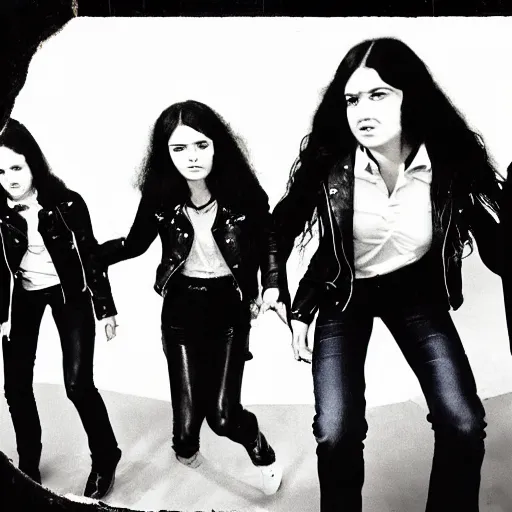 Image similar to group of 1 9 - year - old girls wearing black leather jackets and denim jeans, long wavy hair, as a giant blob mashed together like a transporter accident with arms and legs protruding at unnatural angles, proto - metal band promo, band promo, hard rock band, 1 9 7 0 photograph