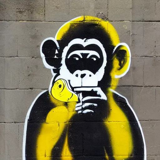 Prompt: monkey eats a banana, graffiti, photograph, made by banksy, yellow and brown colors, spray brush, midday, sunny, professional