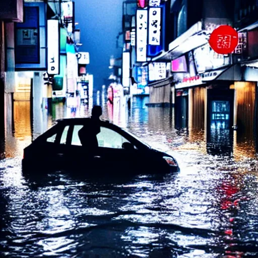 Image similar to seoul city is flooded by heavy rain. A guy with suit is sitting on the top of the A car is middle of the street flooded. Shinkai Makoto Ghibli anime style