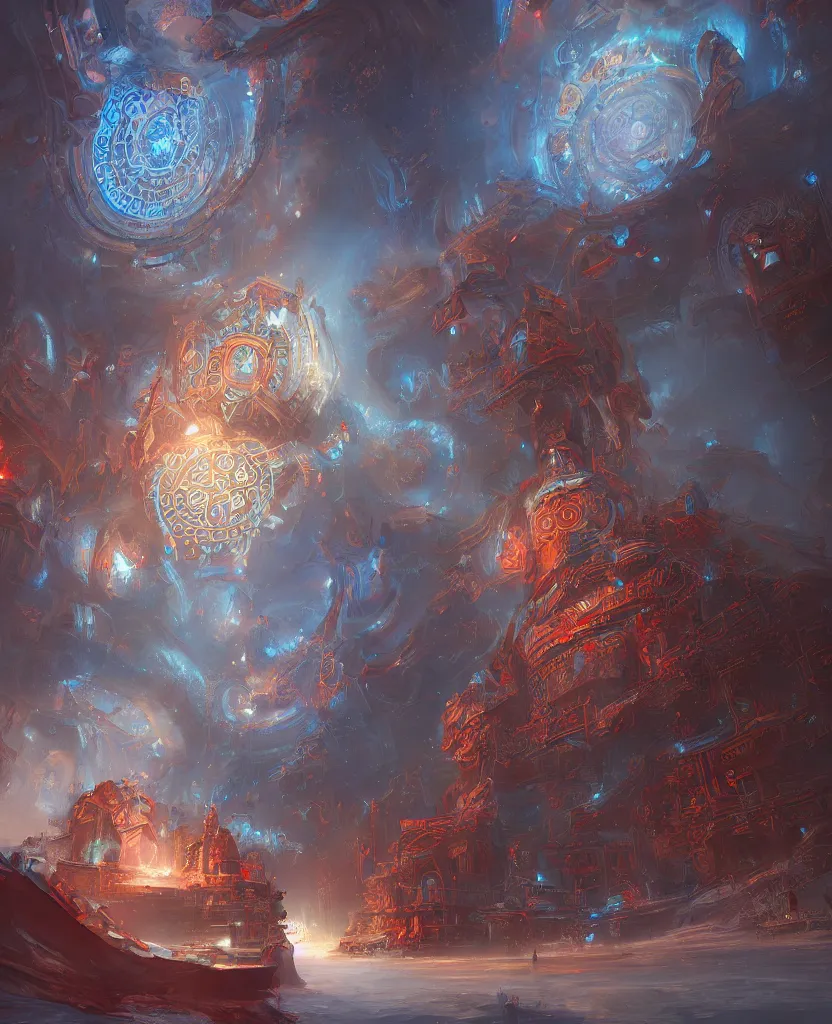 Image similar to structure of the oracle, blue colors with red accents, intricate and ornate, highly detailed fantasy digital painting by jessica rossier