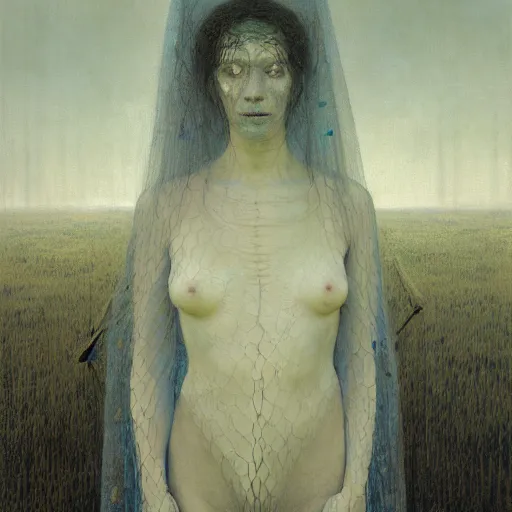 Image similar to portrait of a woman, covered in transparent cloth, plastic, thunder clouds, flat background, Masterpiece, glowing, wires everywhere, by Edgar Maxence and Ross Tran, Zdzisław Beksiński, and Michael Whelan, distant, gustav dore, H.R. Giger, 8k, octane render