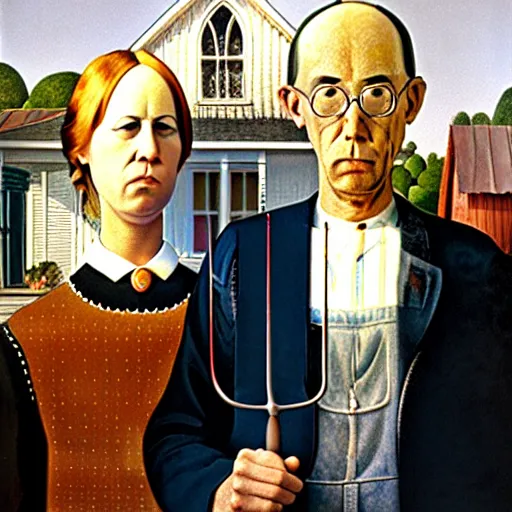 Prompt: fat orange tabby cat next curly haired man, american gothic by grant wood